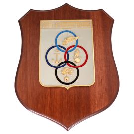 CREST IN METALLO SMALTATO BASE LEGNO 22,5X17,5CM SCUOLA AEROCOOPERAZIONE