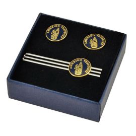 SET GEMELLI E FERMACRAVATTA LOGO IN SMALTO LEVIGATO A. VESPUCCI