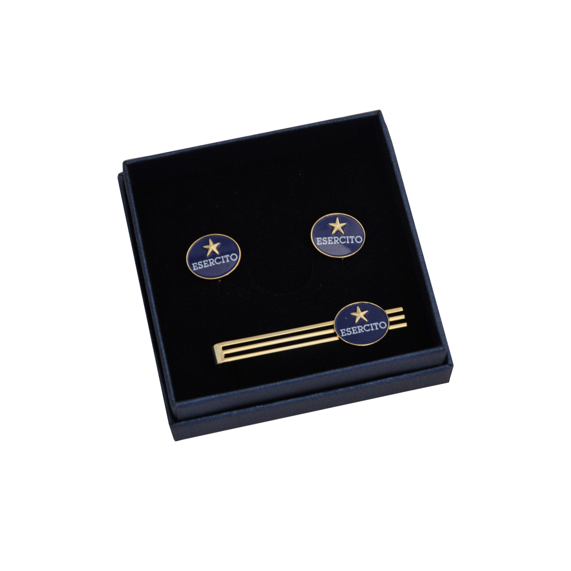 SET GEMELLI E FERMACRAVATTA LOGO BLU