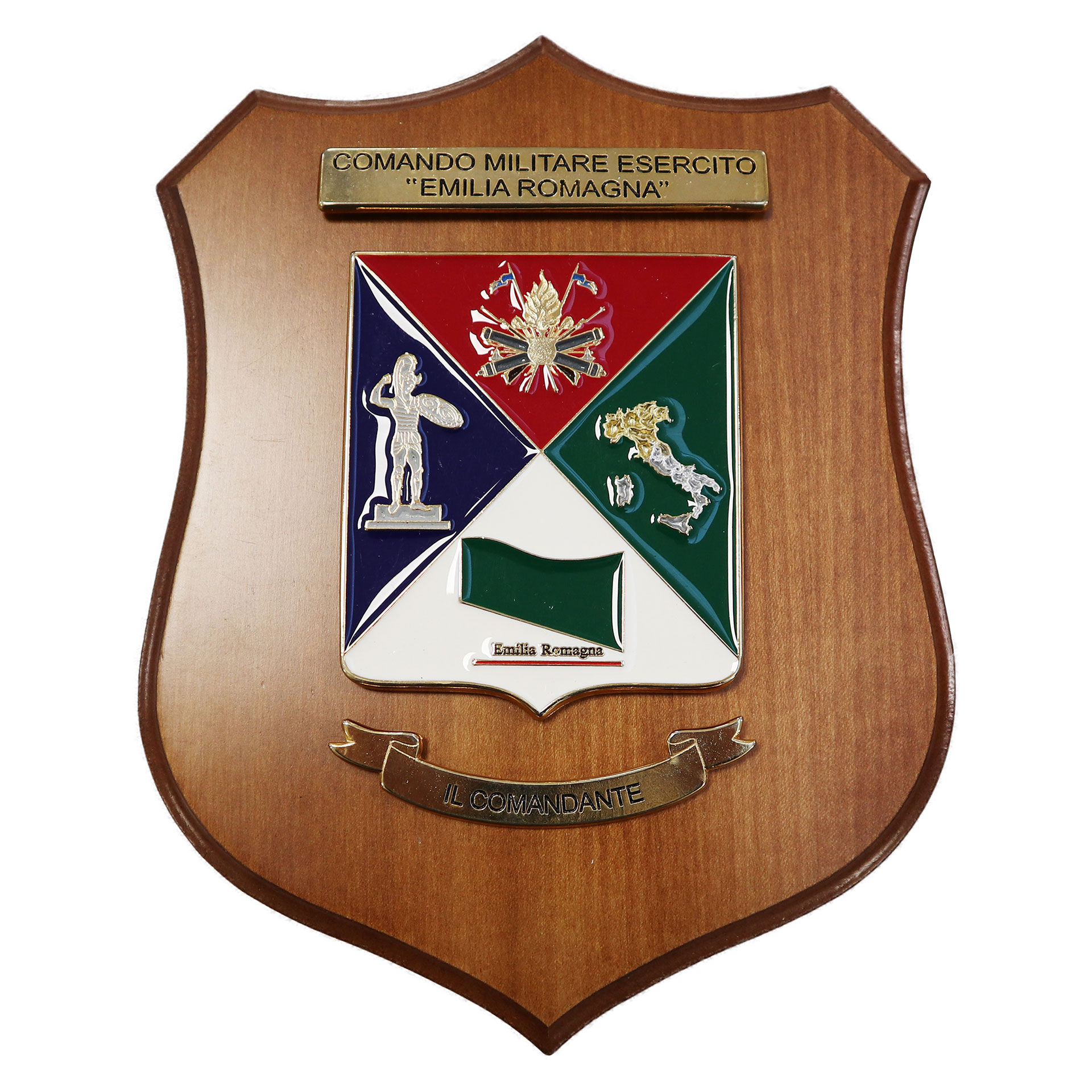 CREST IN METALLO SMALTATO BASE LEGNO 22,5X17,5CM 1 REGGIMENTO GRANATIERI