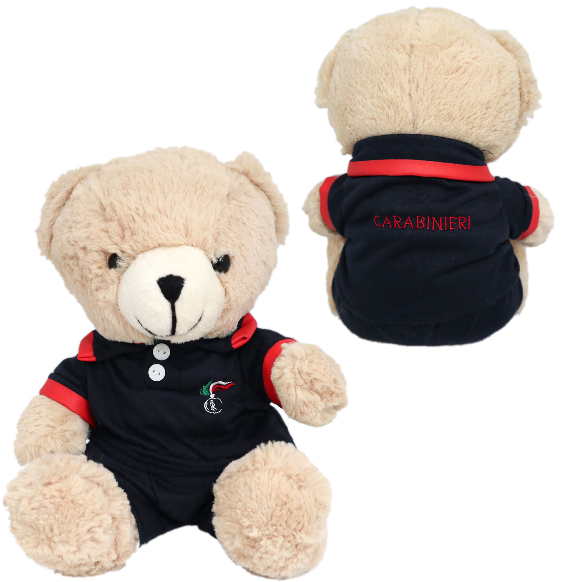 ORSETTO PELUCHES SEDUTO, H 24 CM, MAGLIETTA E PANT. FIAMMA CARABINIERI