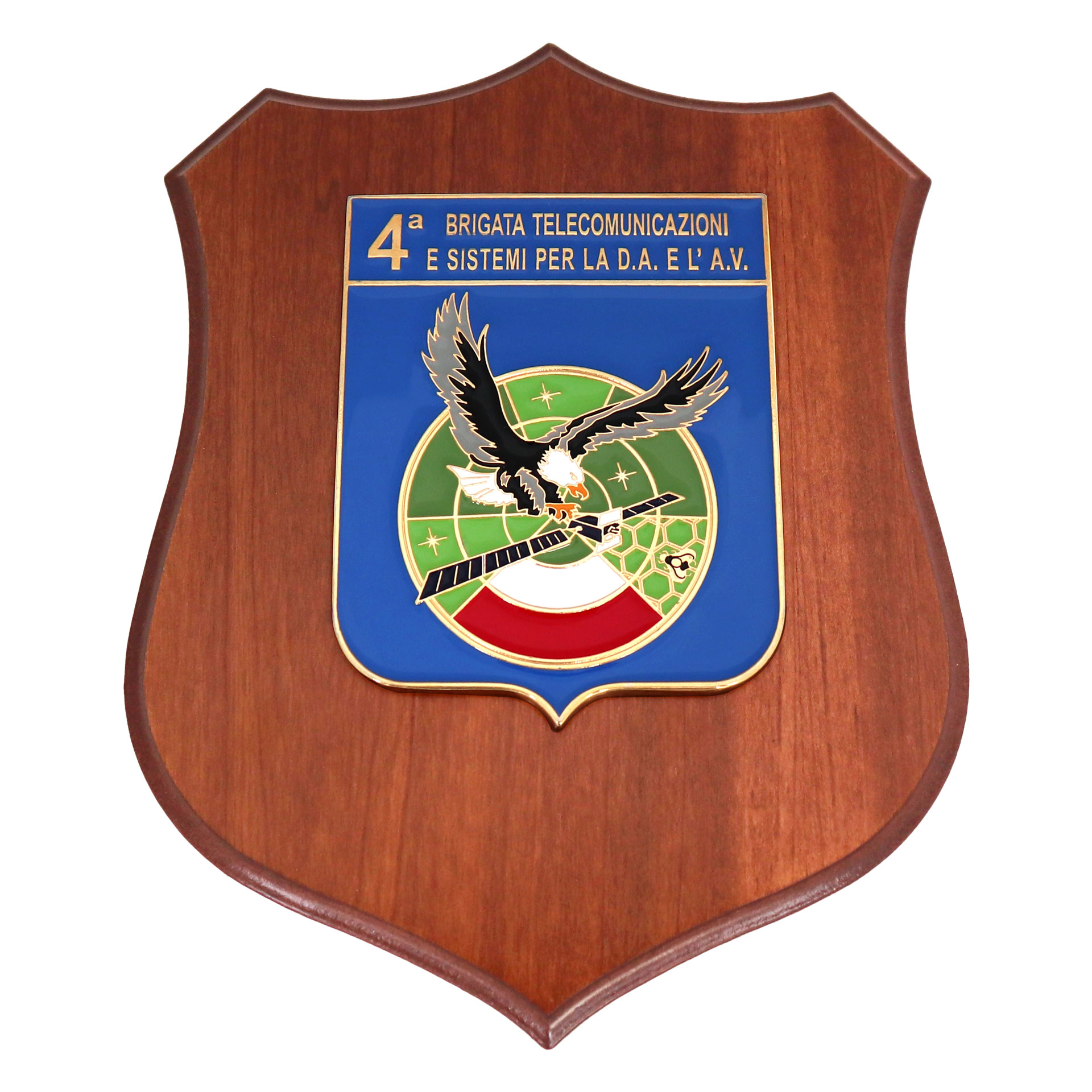 CREST IN METALLO SMALTATO BASE LEGNO 22,5X17,5CM 4 BRIGATA TEL. SISTEMI