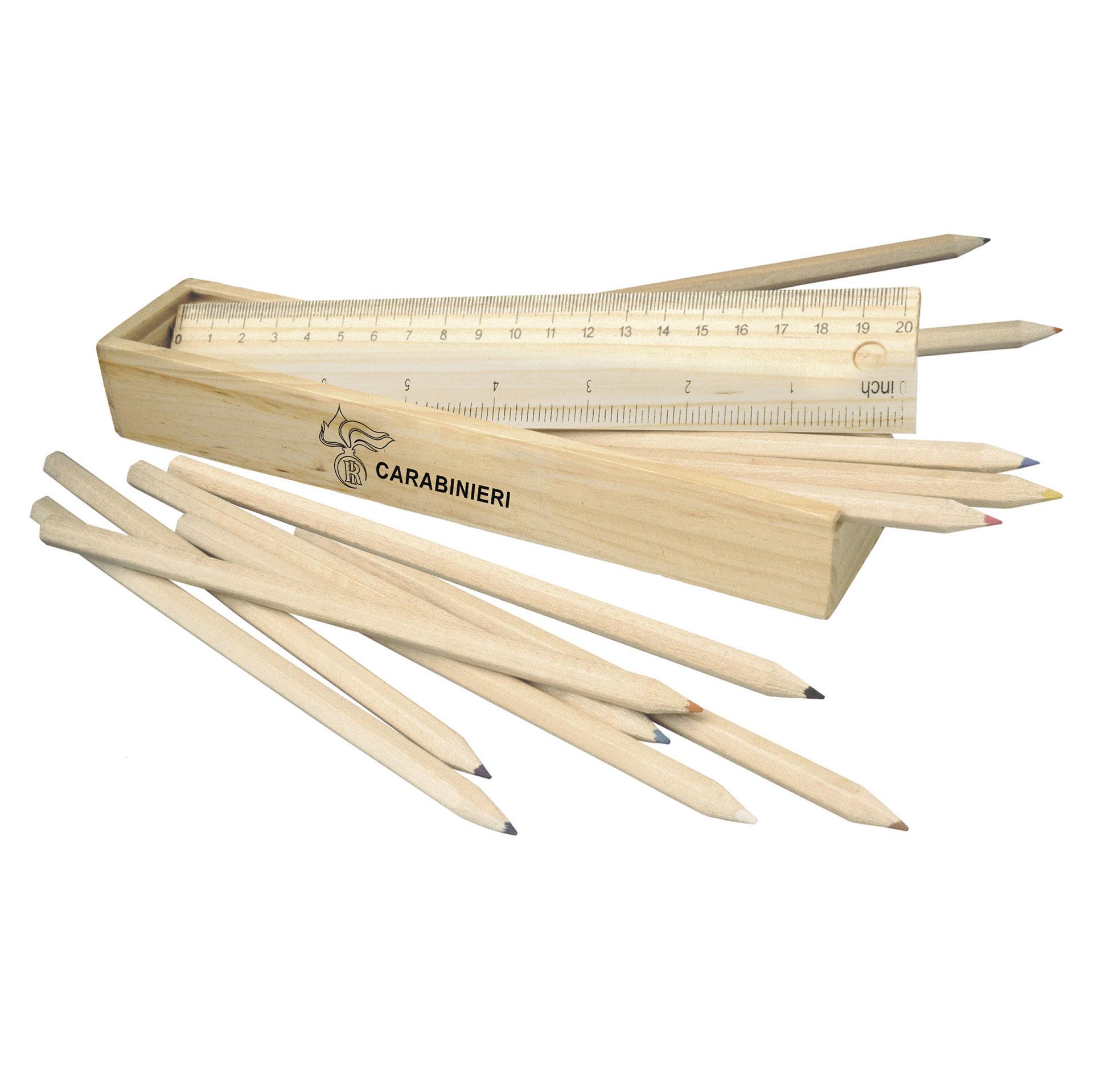 SET SCUOLA CON 12 MATITE E RIGHELLO IN CONFEZIONE IN LEGNO CARABINIERI