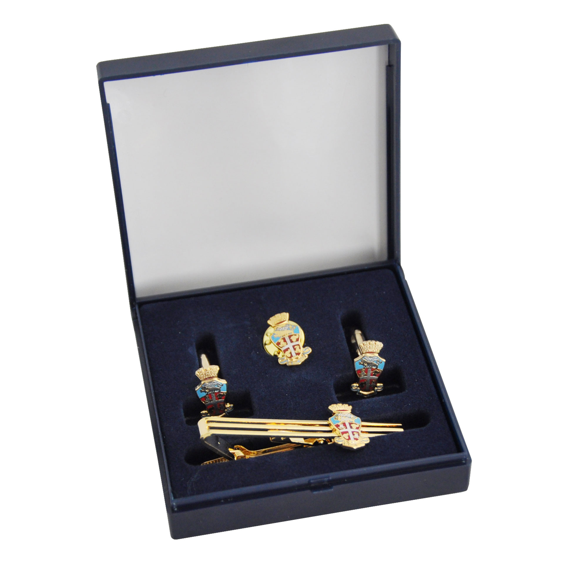 SET GEMELLI FERMACRAVATTE DISTINTIVO ARALDICO CARABINIERI IN ASTUCCIO