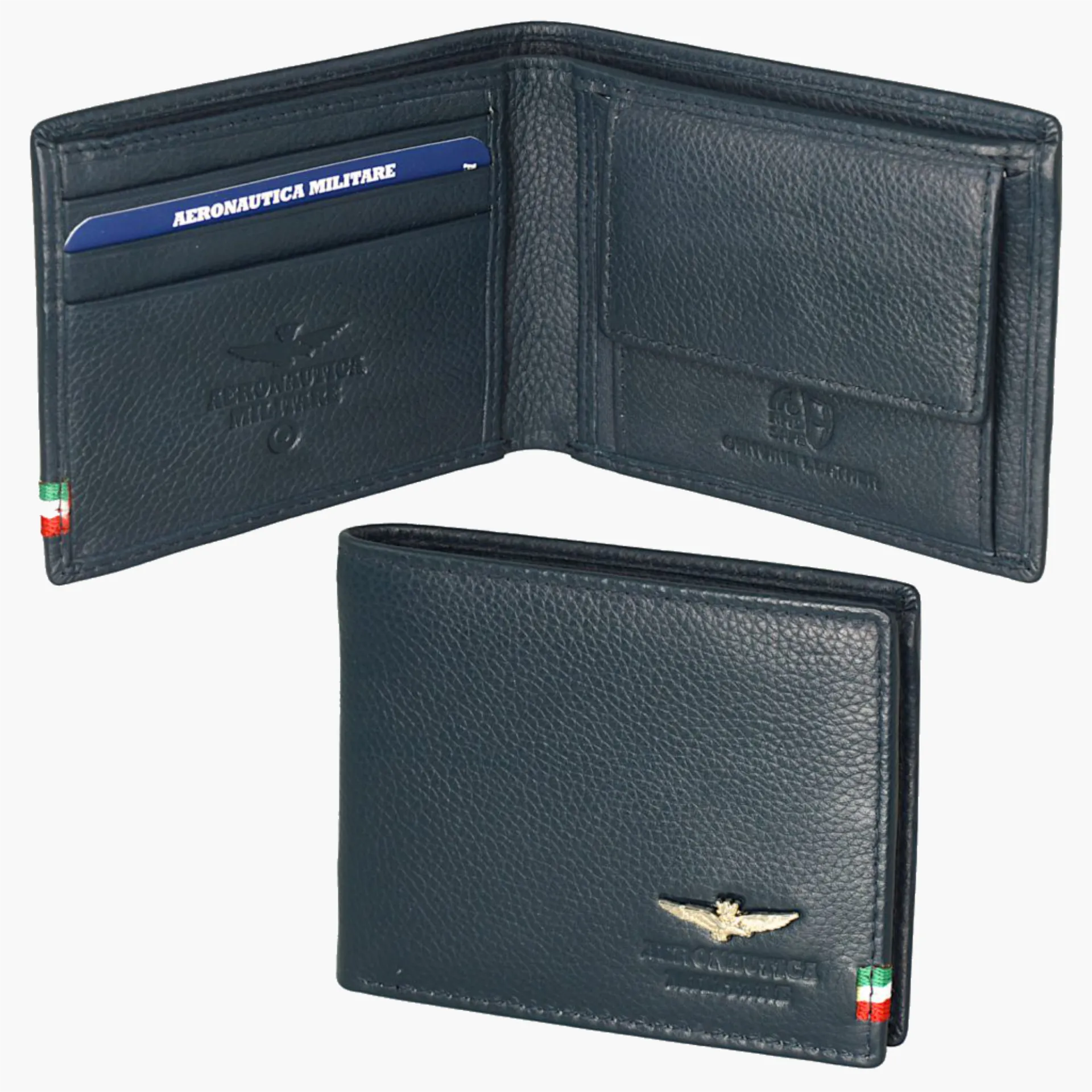 PORTAFOGLI FLAG CON PORTASPICCI IN VERA PELLE BLU 10,6X8,6X1,8