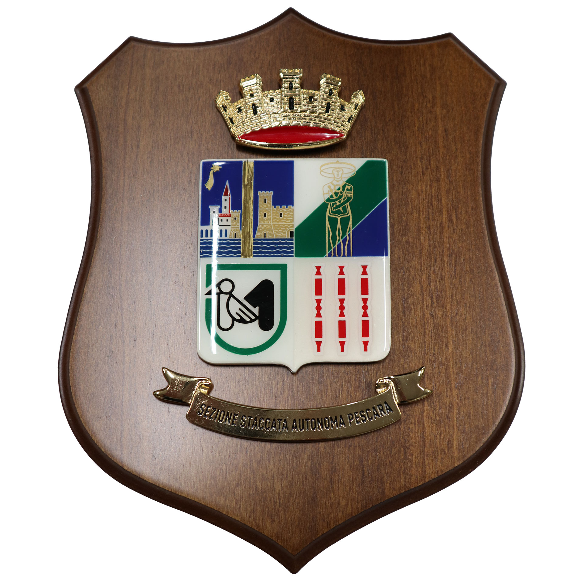 CREST IN METALLO SMALTATO BASE LEGNO 22,5X17,5CM SEZ.STACCAT.AUT.PESCARA