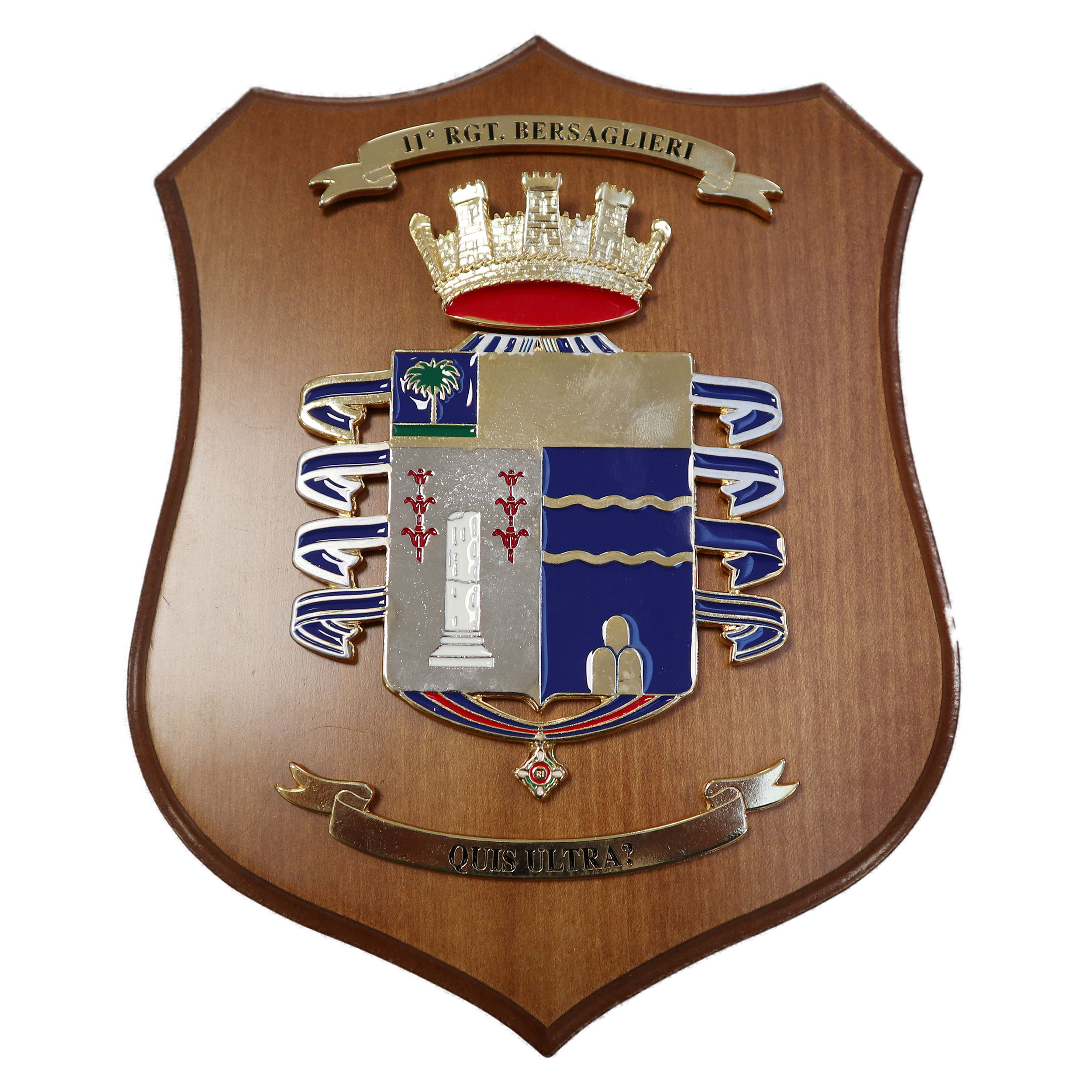 CREST IN METALLO SMALTATO BASE LEGNO 22,5X17,5CM 11 RGT BERSAGLIERI