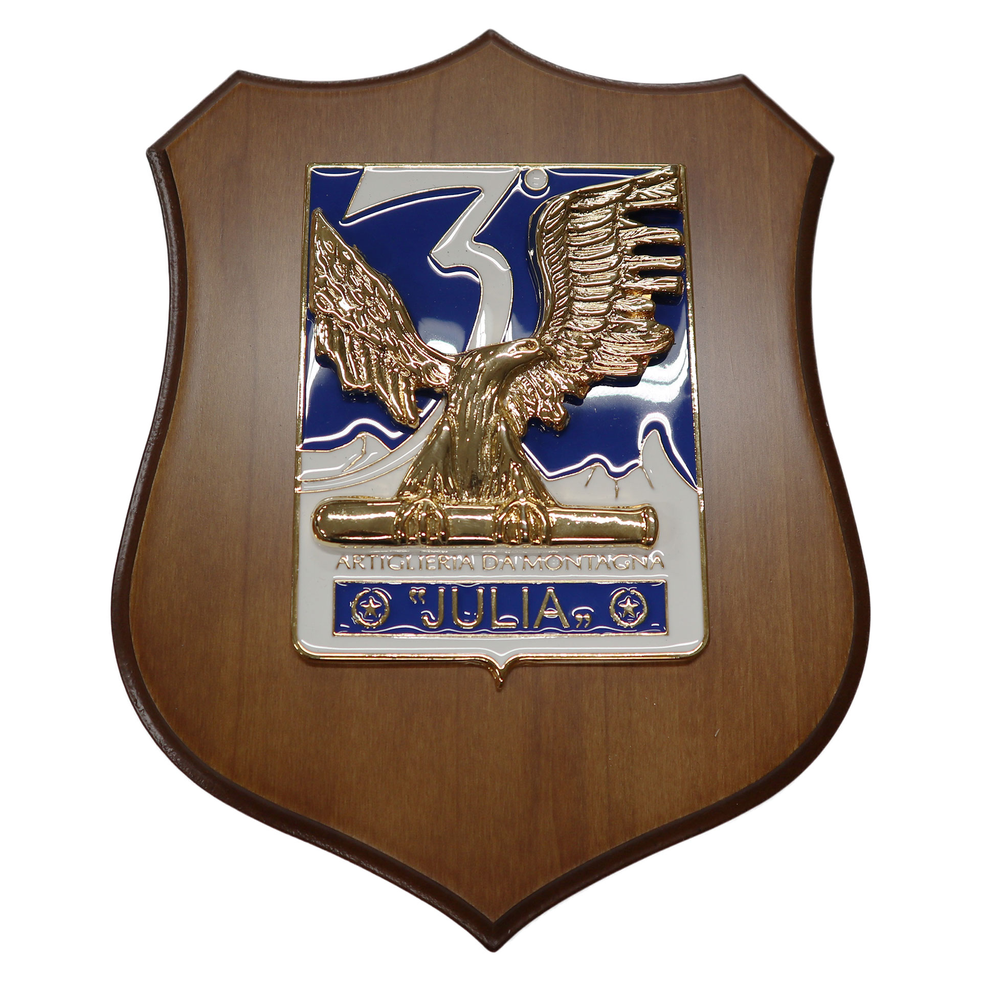 CREST IN METALLO SMALTATO BASE LEGNO 22,5X17,5CM 3 RGT ART. MONT. JULIA