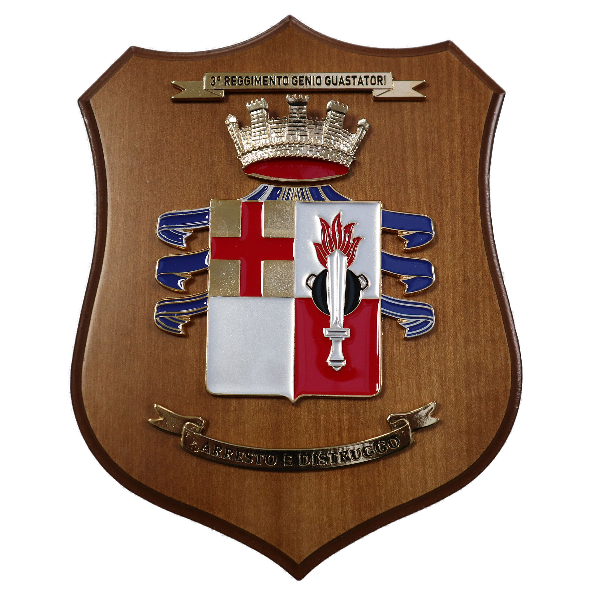 CREST IN METALLO SMALTATO BASE LEGNO 22,5X17,5CM 3 RGT GENIO GUASTATORI