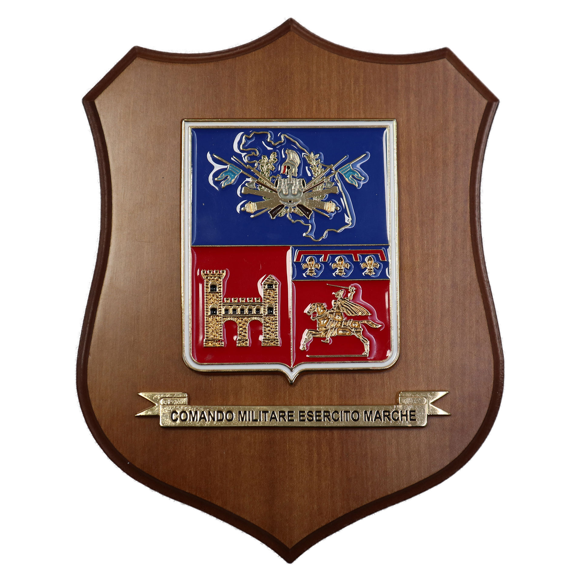 CREST IN METALLO SMALTATO BASE LEGNO 22,5X17,5CM 1 RGT TRASMISSIONI